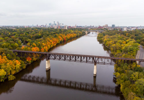 Aerial view of fall colors on the Mississippi River.