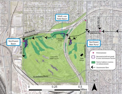 A map illustrating the flow of stormwater runoff through green stormwater infrastructure at Columbia Golf Course and Park.