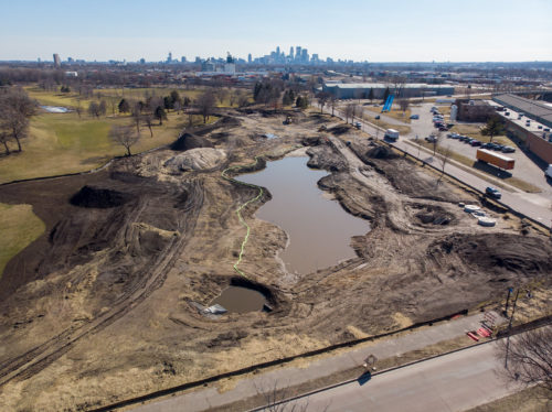 An aerial view of construction at the Columbia Golf Course.