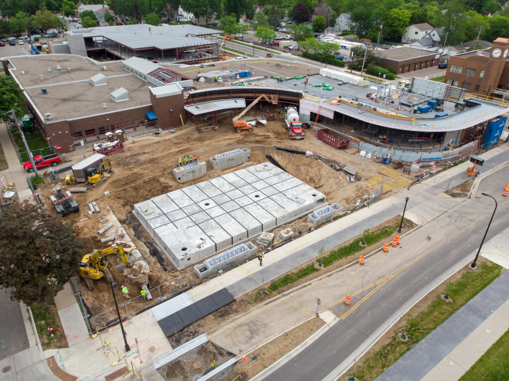 Aerial view of NorthPoint project showing construction of the southwest stormwater chamber.