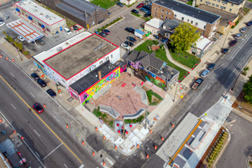 An aerial view of the Juxtaposition Arts campus in August 2021.