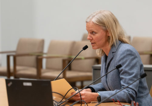 Abby Moore testifying at a Minnesota Senate committee hearing.