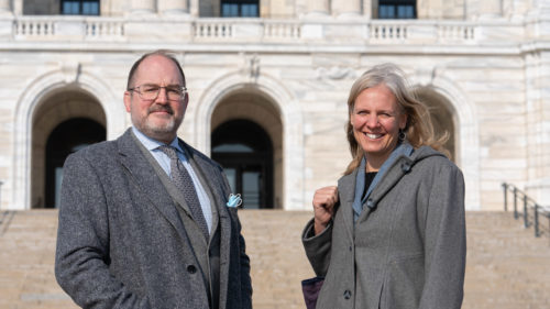 MWMO Interim Executive Director Kevin Reich and MWMO Training and Community Learning Specialist Abby Moore at the Minnesota State Capitol Building.