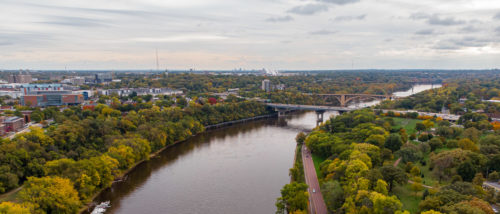 Aerial view of the Mississippi River with early fall colors.