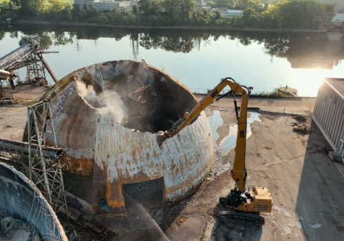 Video frame showing silo demolition at Upper Harbor Terminal.