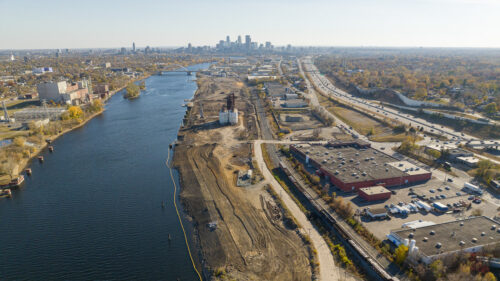 Aerial view of construction at the Upper Harbor Terminal site.