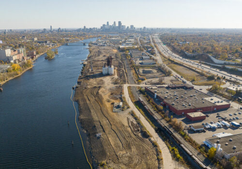 Aerial view of construction at the Upper Harbor Terminal site.