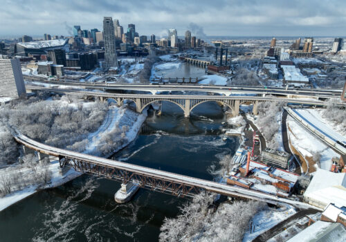 Aerial view of Minneapolis riverfront in winter.