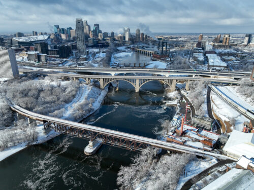 Aerial view of Minneapolis riverfront in winter.