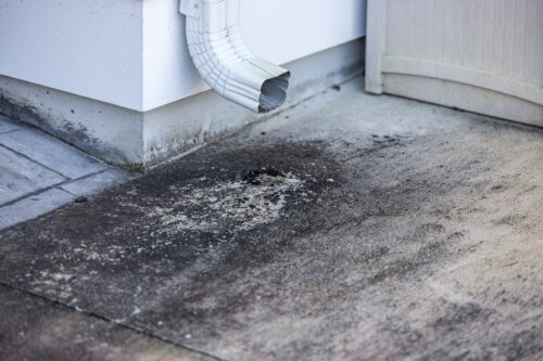 Black, thick and slimy gutter sludge on a cement driveway from a downspout.