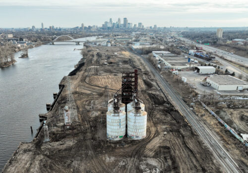 An aerial view of construction at Upper Harbor Terminal.