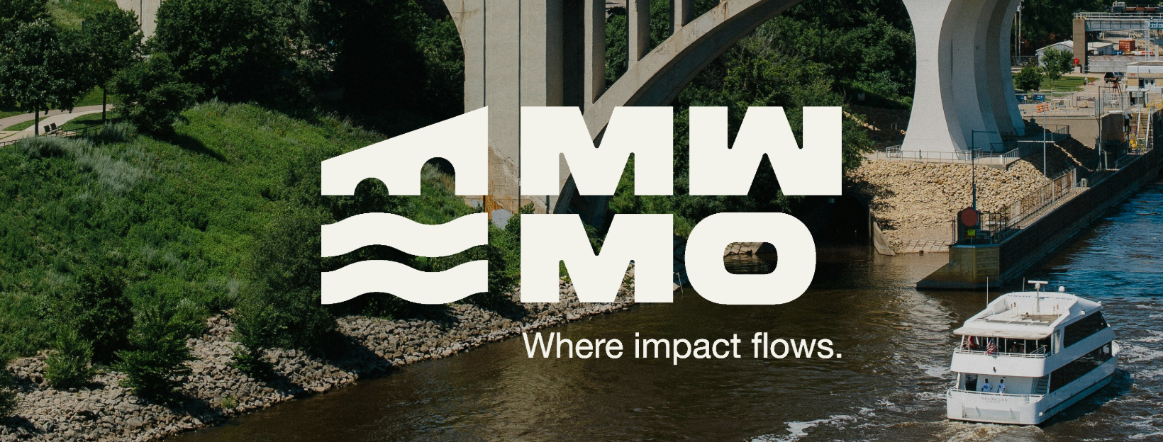 2026 MWMO Logo over an image of a boat on the Mississippi River