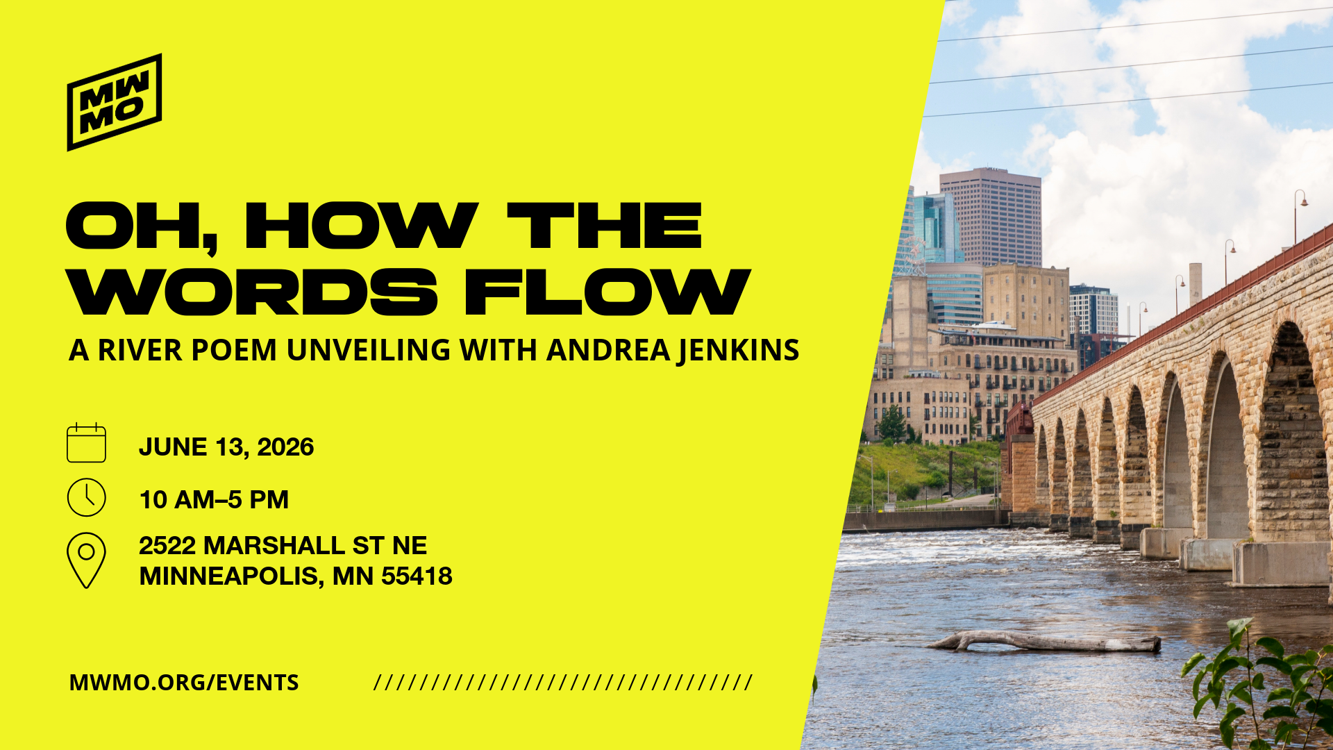 Oh, How The Words Flow: A River Poem Unveiling with Andrea Jenkins Saturday, June 13 at 10:00 am - 12:00 pm at 2522 Marshall St NE, Minneapolis, MN 55418