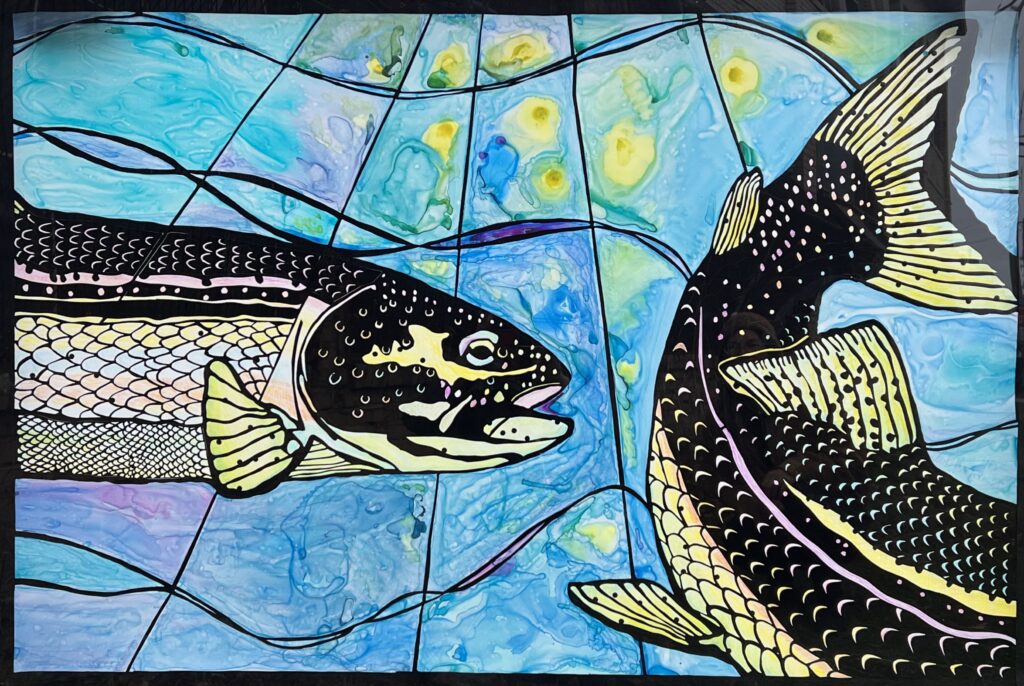 Colorful artwork depicting two trout swimming through flowing blue water. Black linework and detailed scales contrast with a marbled blue and green background resembling stained glass.