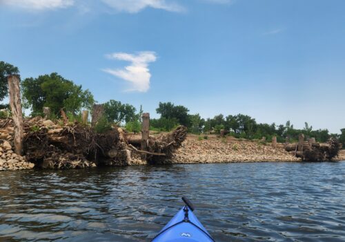 Restoration work in progress at Olson Island with a paddleboard visible in the bottom of the photo